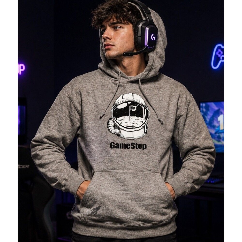 GameStop Hoodie Unisex XL Gray hooded long sleeve shirt Astronaut Rocket Logo
